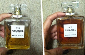 Comparatif authentique contrefacon couleur brune du parfum coco chanel.