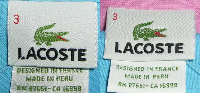 Authentique vs contrefacon de l'étiquette sur polo Lacoste.