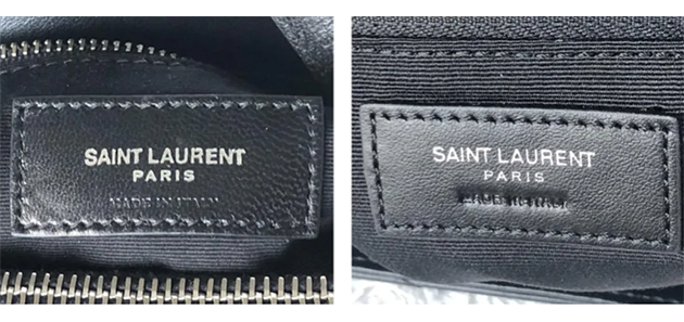 Authentique vs contrefaçon de l'étiquette intérieure du sac Loulou de Yves Saint Laurent.
