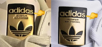 Authentique vs contrefacon languette baskets Superstar de Adidas.