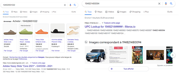 page google avec des yeezy slide sur une marketplace