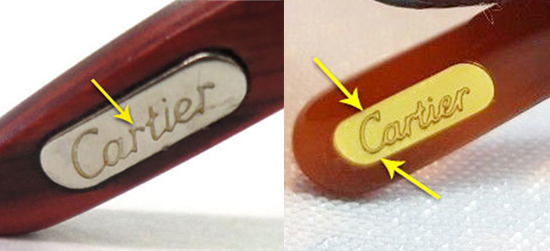 Gros plan sur le tampon Cartier present sur les branches des lunettes Cartier.