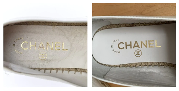 Authentique vs contrefacon de la semelle interieure des espadrilles Chanel.
