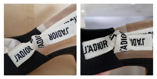 authentique vs contrefacon du ruban accroche aux escarpins Dior.