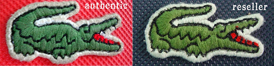 Authentique vs contrefacon du logo Lacoste.