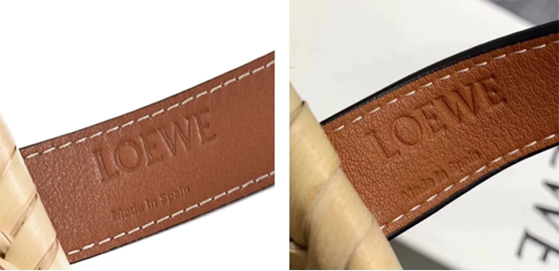 authentique vs contrefacon de l'inscription Loewe sur le sac square basket.