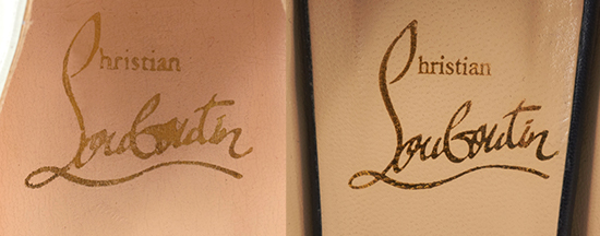 Zoom sur inscriptions Loubouton sur les chaussures de la marque avec authentique vs contrefacon.