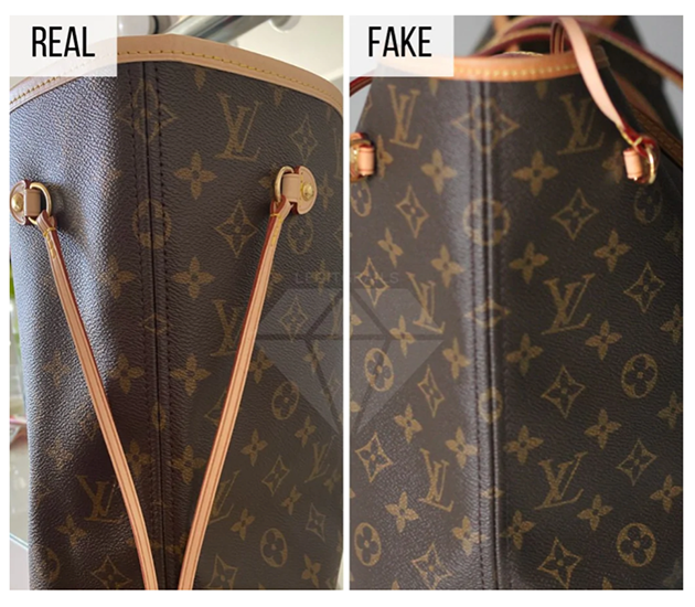 Authentique vs contrefaçons des cotes du sac Neverfull de Louis Vuitton.