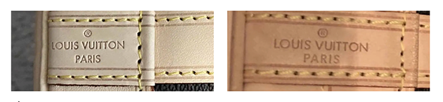 Authentique vs contrefaçon de l'inscription de la marque sur le sac Noe de Louis Vuitton.