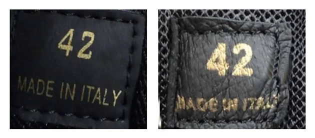 Authentique vs contrefacon de l'etiquette de la taille des baskets chain reaction de la marque de luxe Versace.