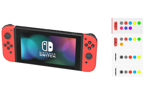 Nintendo switch à gauche et les couleurs des joy-cons à drotie