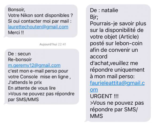 Exemples de SMS frauduleux en ligne.